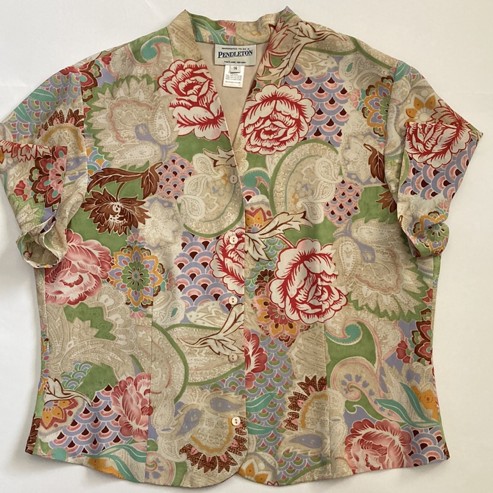 Pendleton Beige Button Down V-Neck Floral Top Size 14 Women’s